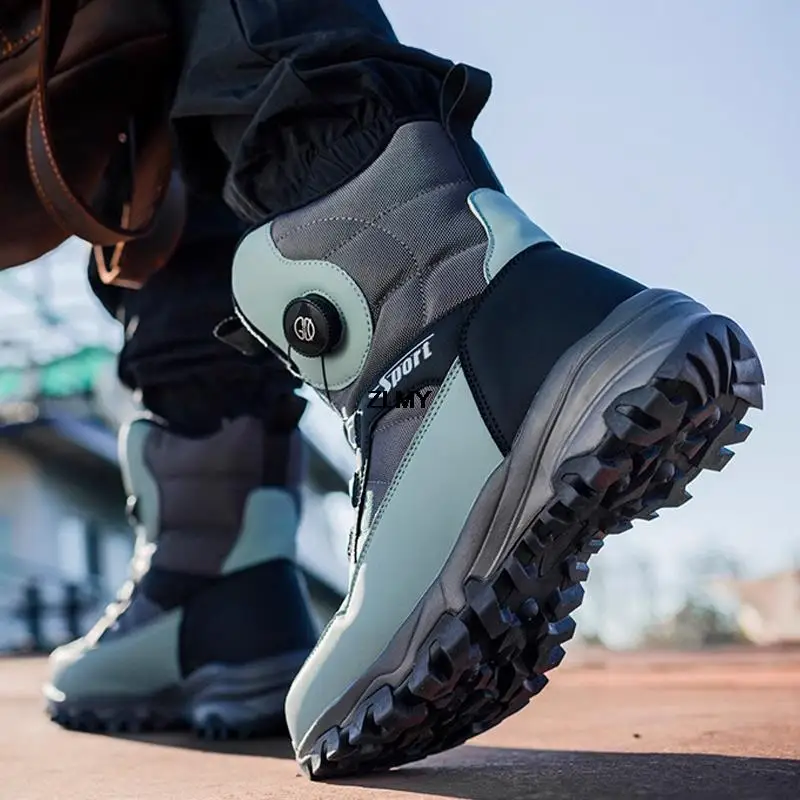 Warm Men's Snow Boots Waterproof Outdoor Winter Snowboots Rotated Button Men High Top Plush Cotton Shoes Man Winter