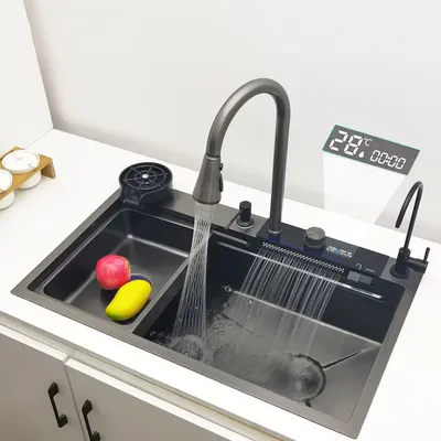 Waterfall Kitchen Sink 304 Stainless Steel Sink Large Single Basin with Multifunction LED Waterfall Faucet Above Counter Waterfall Kitchen Sink 304 Stainless Steel Sink Large Single Basin with Multifunction LED Waterfall Faucet Above Counter
