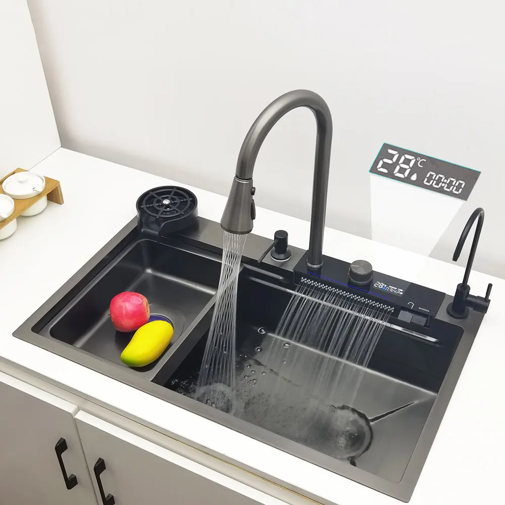 Waterfall Kitchen Sink 304 Stainless Steel Sink Large Single Basin with Multifunction LED Waterfall Faucet Above Counter Waterfall Kitchen Sink 304 Stainless Steel Sink Large Single Basin with Multifunction LED Waterfall Faucet Above Counter