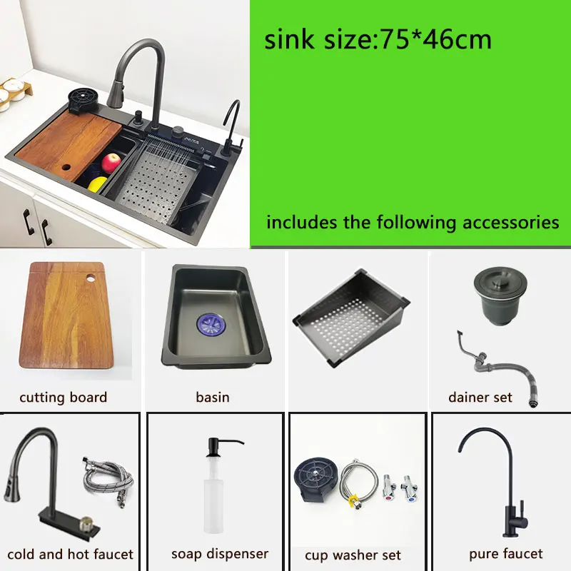 Waterfall Kitchen Sink 304 Stainless Steel Sink Large Single Basin with Multifunction LED Waterfall Faucet Above Counter Waterfall Kitchen Sink 304 Stainless Steel Sink Large Single Basin with Multifunction LED Waterfall Faucet Above Counter