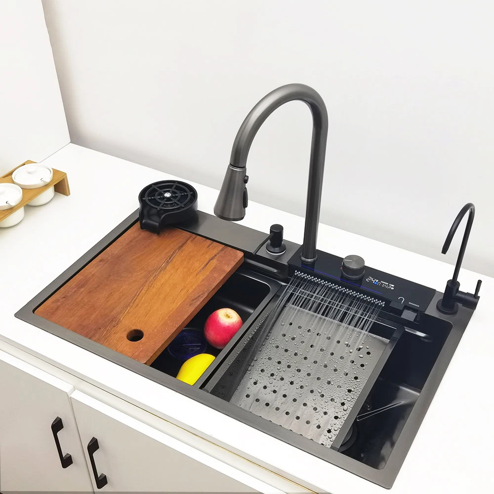 Waterfall Kitchen Sink 304 Stainless Steel Sink Large Single Basin with Multifunction LED Waterfall Faucet Above Counter Waterfall Kitchen Sink 304 Stainless Steel Sink Large Single Basin with Multifunction LED Waterfall Faucet Above Counter