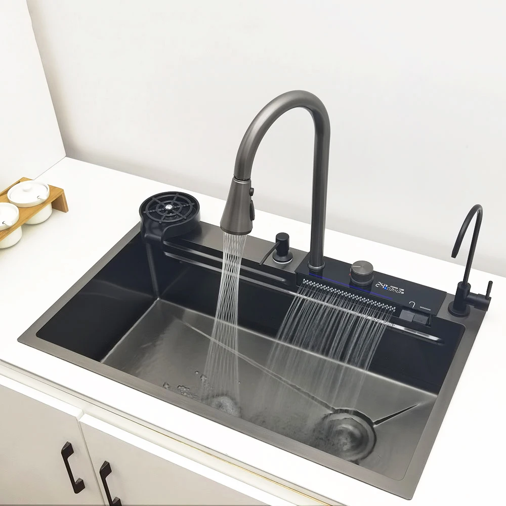 Waterfall Kitchen Sink 304 Stainless Steel Sink Large Single Basin with Multifunction LED Waterfall Faucet Above Counter Waterfall Kitchen Sink 304 Stainless Steel Sink Large Single Basin with Multifunction LED Waterfall Faucet Above Counter