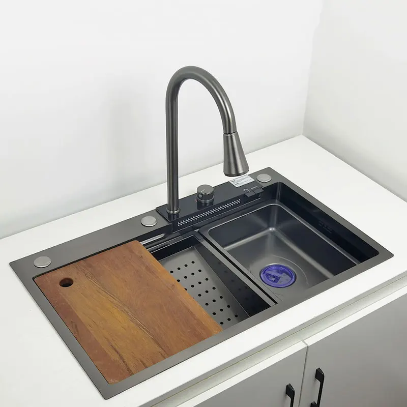 Waterfall Kitchen Sink 304 Stainless Steel Sink Large Single Basin with Multifunction LED Waterfall Faucet Above Counter Waterfall Kitchen Sink 304 Stainless Steel Sink Large Single Basin with Multifunction LED Waterfall Faucet Above Counter