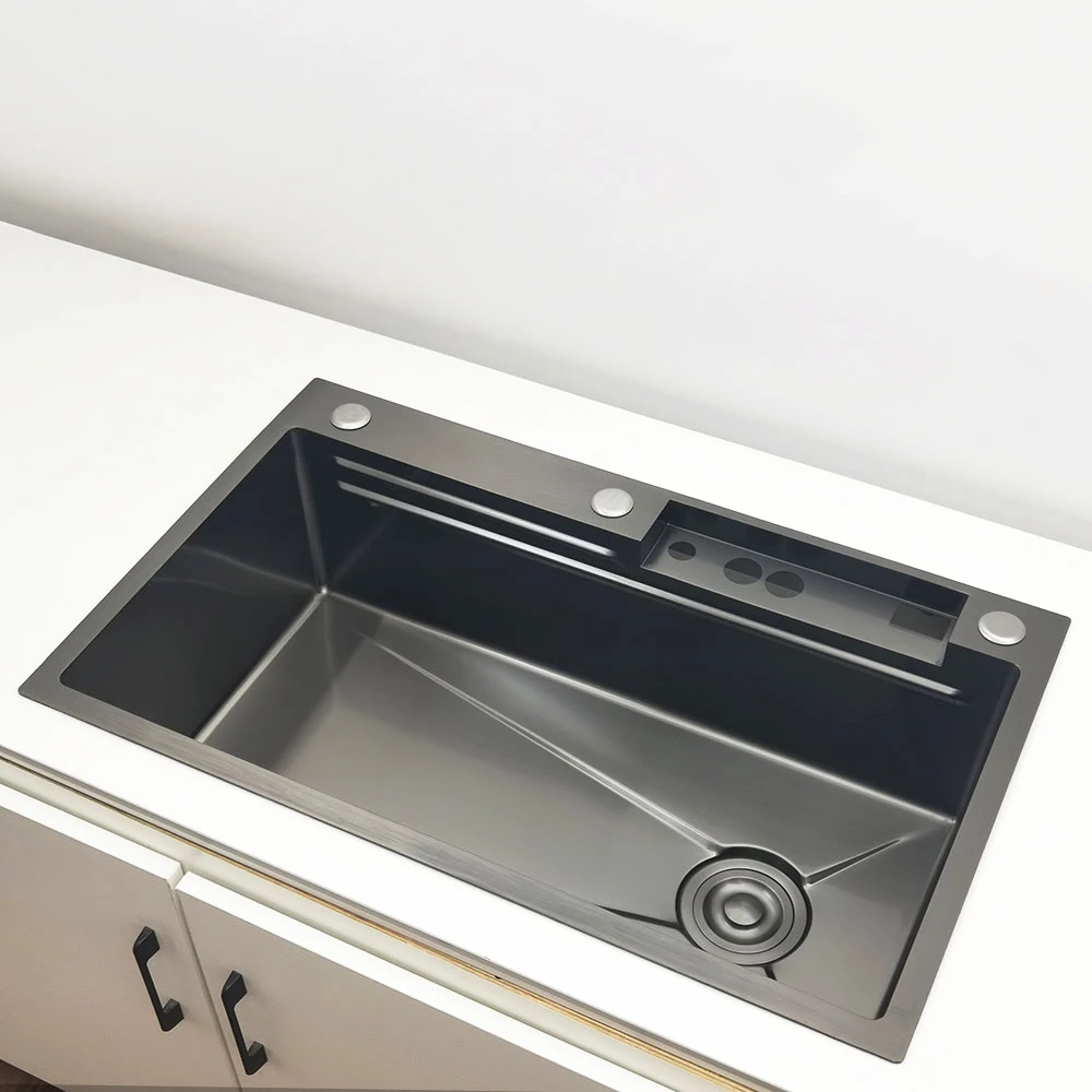 Waterfall Kitchen Sink 304 Stainless Steel Sink Large Single Basin with Multifunction LED Waterfall Faucet Above Counter Waterfall Kitchen Sink 304 Stainless Steel Sink Large Single Basin with Multifunction LED Waterfall Faucet Above Counter