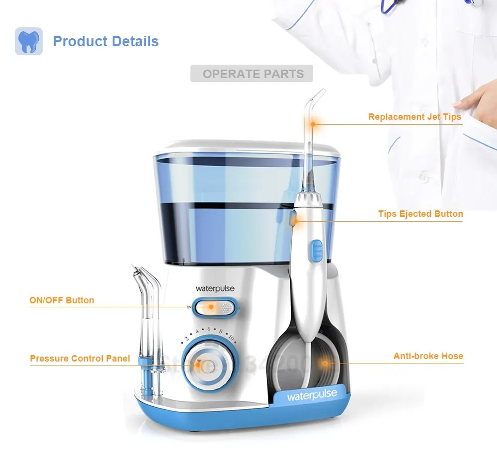 Waterpulse V300G Oral Irrigator 5pcs Tips Dental Water Flosser Electric Cleaner 800ml Oral Hygiene Dental Flosser For