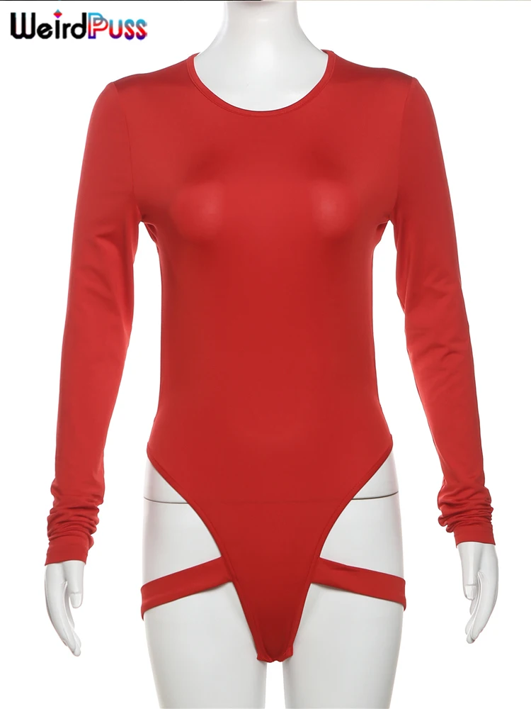 Weird Puss Hollow Backless Bodysuit Woman Summer Sexy Hottie Long-Sleeve Solid O-Neck Bandage Chic Bodyshape Skinny Weird Puss Hollow Backless Bodysuit Woman Summer Sexy Hottie Long-Sleeve Solid O-Neck Bandage Chic Bodyshape Skinny