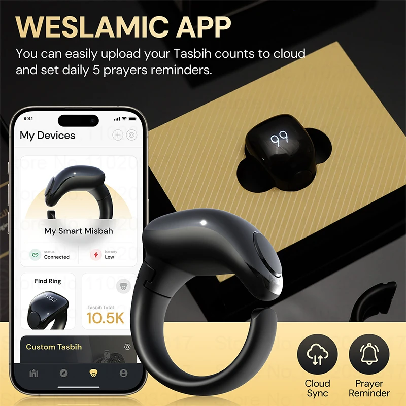 Weslamic Smart Tasbeeh Zikr Ring Islamic Tally Digital Counter for Muslims Praise Prayer Reminder Magnetic Charging