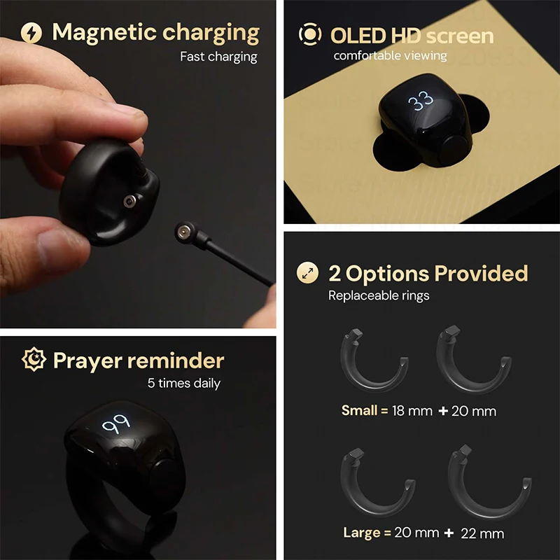 Weslamic Smart Tasbeeh Zikr Ring Islamic Tally Digital Counter for Muslims Praise Prayer Reminder Magnetic Charging