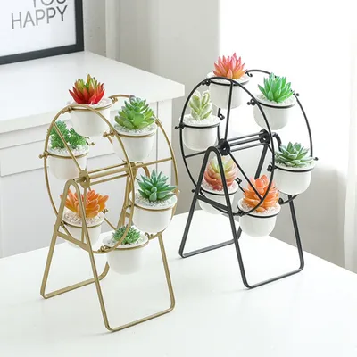 Wheel Plant Stand with White Ceramic Pots Wheel Plant Stand with White Ceramic Pots