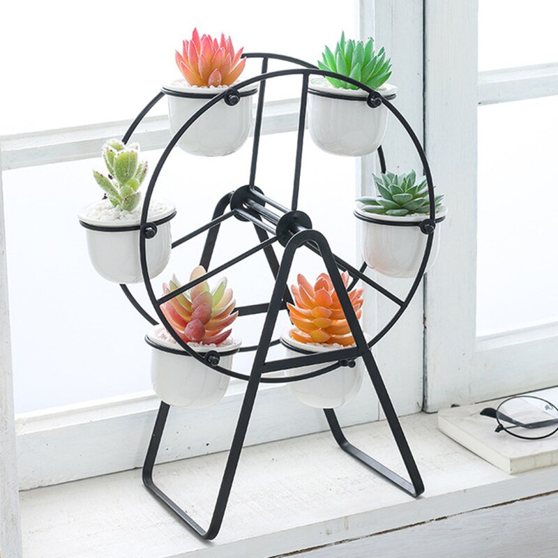 Wheel Plant Stand with White Ceramic Pots Wheel Plant Stand with White Ceramic Pots