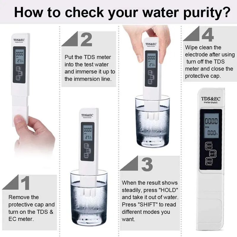 White Digital Water Quality Tester TDS EC Meter Range 0 to 9990 Multifunctional Water Purity Temperature TEMP PPM Tester White Digital Water Quality Tester TDS EC Meter Range 0 to 9990 Multifunctional Water Purity Temperature TEMP PPM Tester