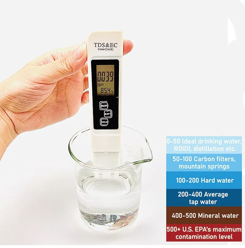 White Digital Water Quality Tester TDS EC Meter Range 0 to 9990 Multifunctional Water Purity Temperature TEMP PPM Tester White Digital Water Quality Tester TDS EC Meter Range 0 to 9990 Multifunctional Water Purity Temperature TEMP PPM Tester