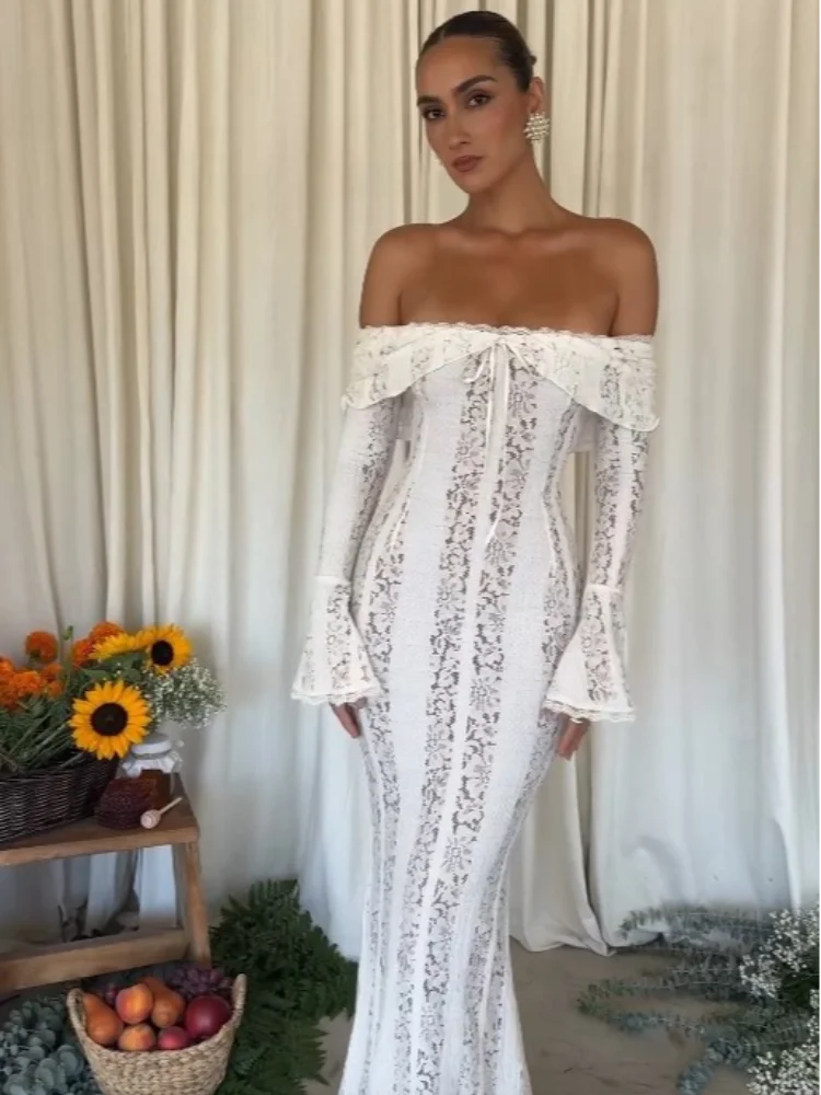 White Floral Lace Off-shoulder Maxi Dress For Women Elegant Strapless Backless Long Sleeve Bodycon Robes 2024 Lady