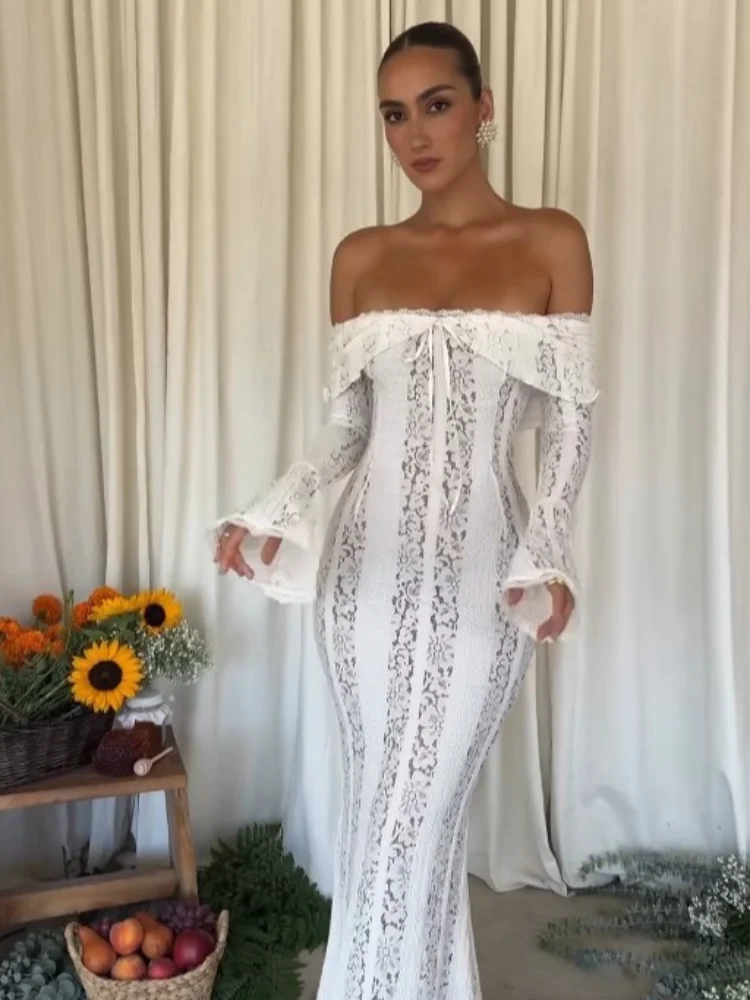 White Floral Lace Off-shoulder Maxi Dress For Women Elegant Strapless Backless Long Sleeve Bodycon Robes 2024 Lady