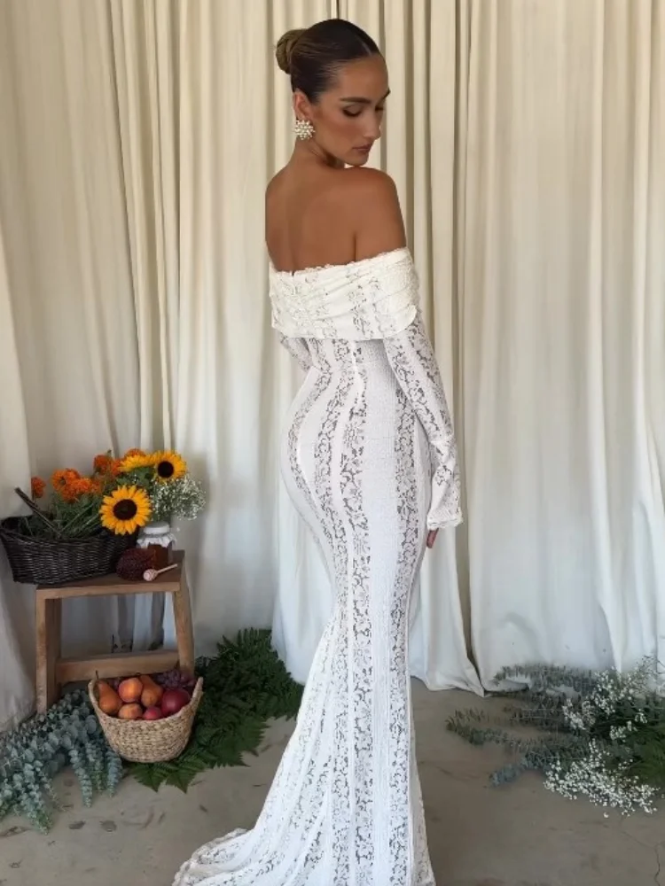 White Floral Lace Off-shoulder Maxi Dress For Women Elegant Strapless Backless Long Sleeve Bodycon Robes 2024 Lady