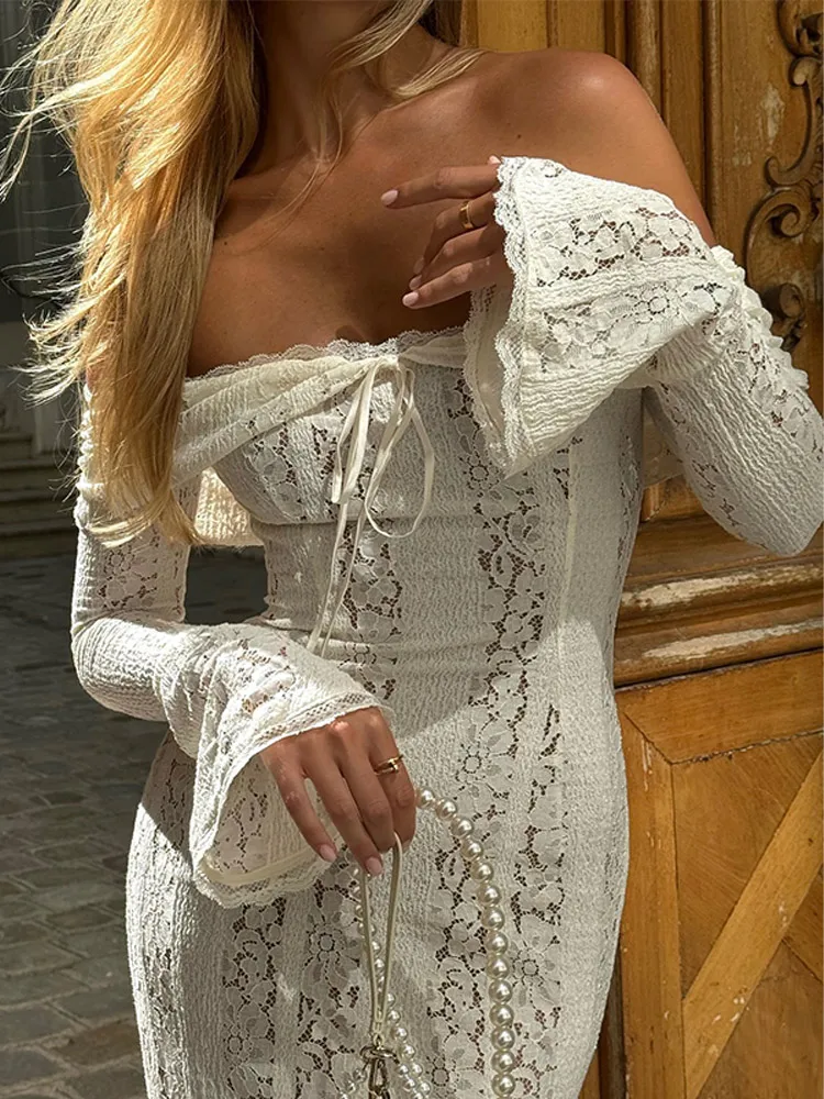 White Floral Lace Off-shoulder Maxi Dress For Women Elegant Strapless Backless Long Sleeve Bodycon Robes 2024 Lady