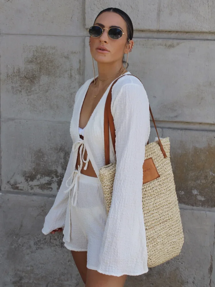 White Lace Up Loose Top Shorts Sets Women's Solid Casual Long Sleeved Vacation Shorts 2 Piece Set White Lace Up Loose Top Shorts Sets Women's Solid Casual Long Sleeved Vacation Shorts 2 Piece Set