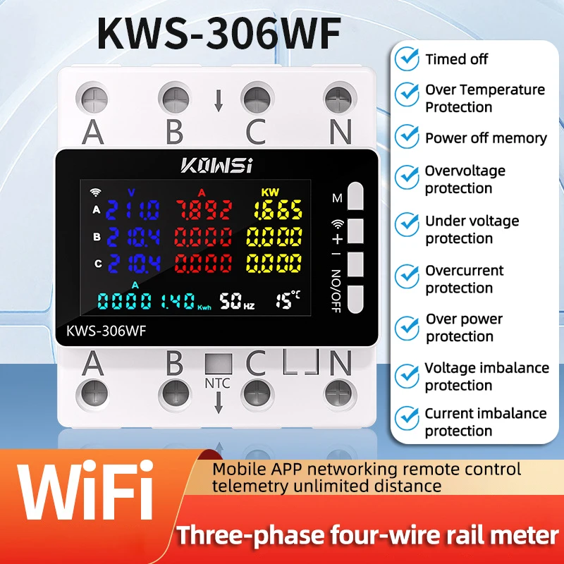 Wifi Power Energy Meter AC Monitor AC 85-290V 80A 3 Phase 4-wire DIN Rail Over Under Voltage Protector Electricity Meter