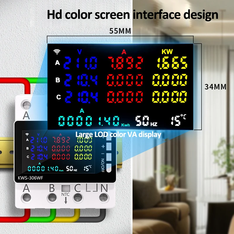 Wifi Power Energy Meter AC Monitor AC 85-290V 80A 3 Phase 4-wire DIN Rail Over Under Voltage Protector Electricity Meter