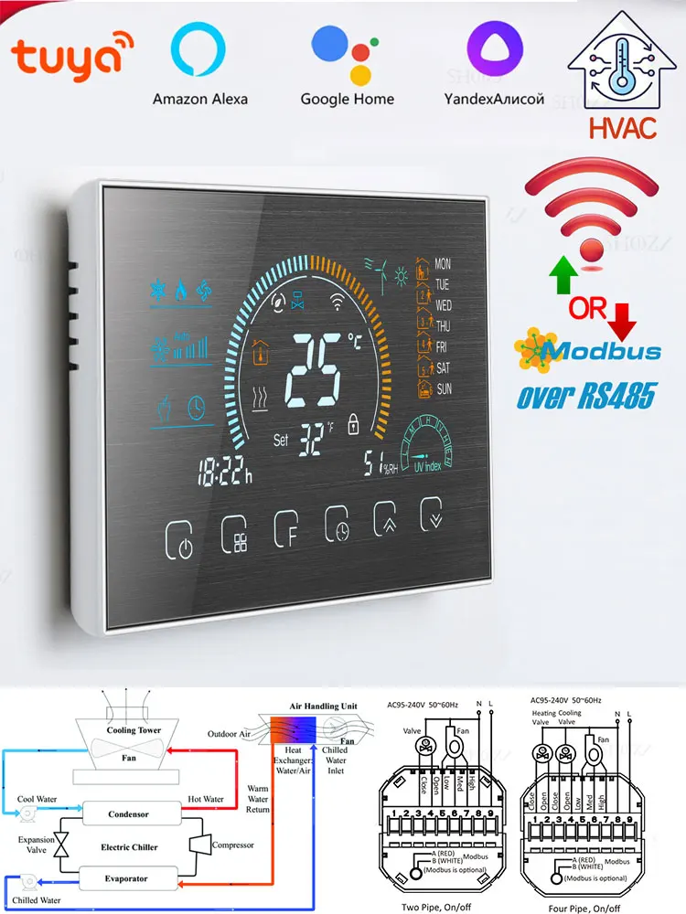 WIFI/RS485 Modbus RTU Programmable Thermostat for Control 2/4-Way Valve Heat/Cool HAVC Air System 24V/220V