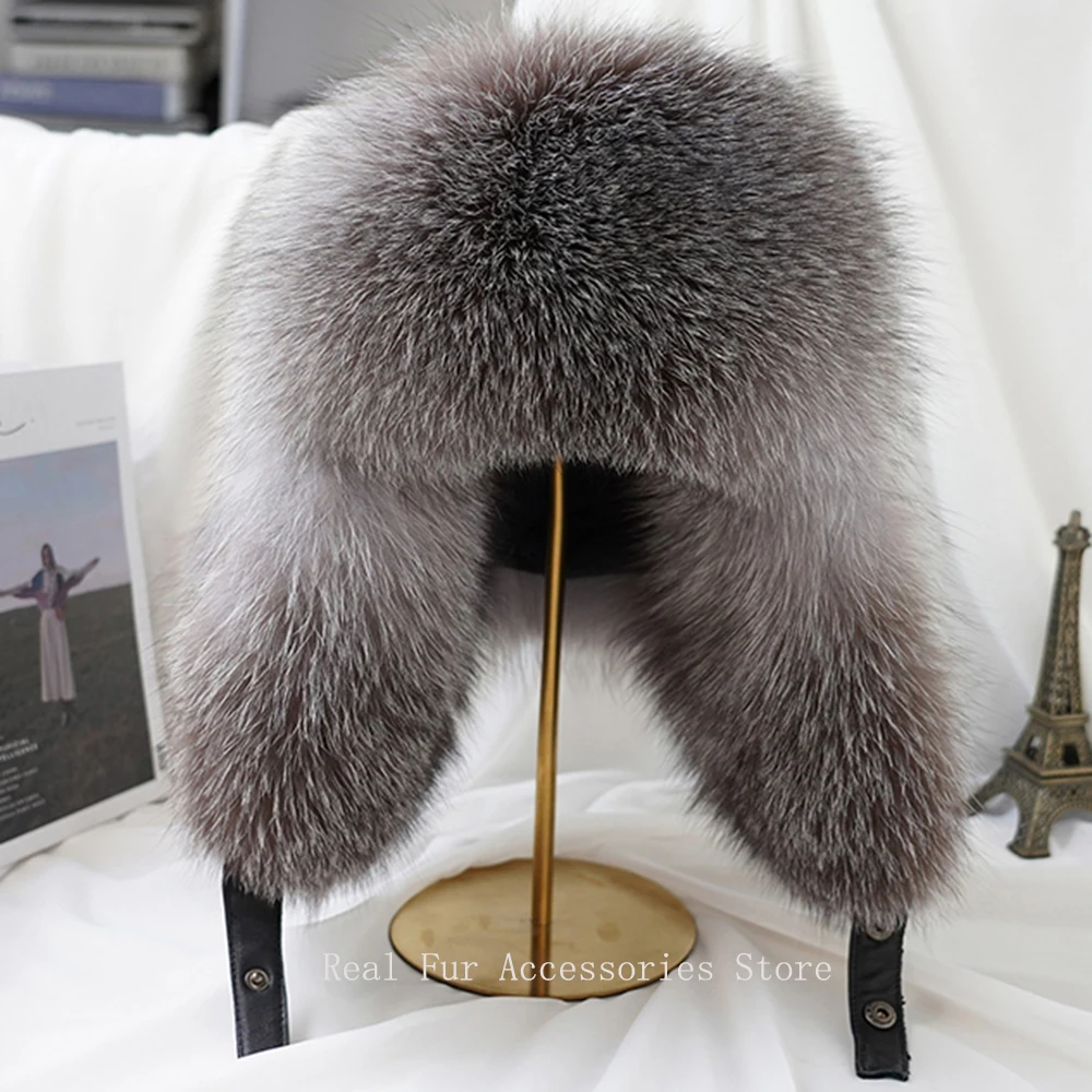 Winter 100% Real Silver Fox Fur Bomber Hat Raccoon Fur Ushanka Cap Trapper Russian Ski Hats Caps Real Leather Winter 100% Real Silver Fox Fur Bomber Hat Raccoon Fur Ushanka Cap Trapper Russian Ski Hats Caps Real Leather