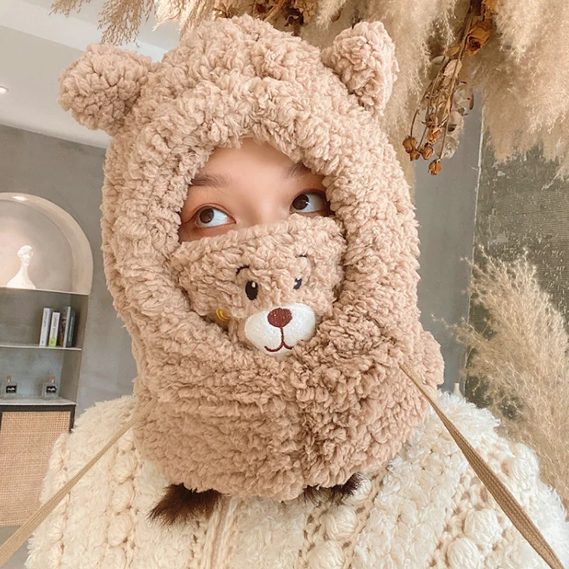Winter Cartoon Hat With Mask Bear Lamb Beanie Hats Warm Thickened Ear Protection Skullies Beanies for Women Girl Kawaii