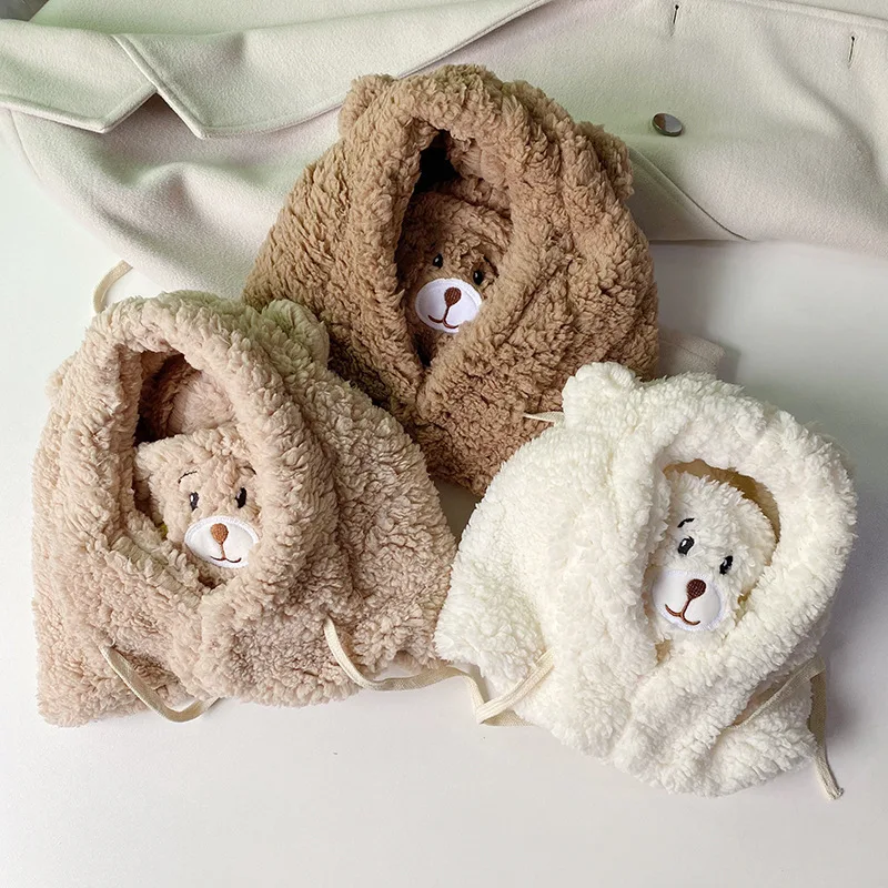 Winter Cartoon Hat With Mask Bear Lamb Beanie Hats Warm Thickened Ear Protection Skullies Beanies for Women Girl Kawaii