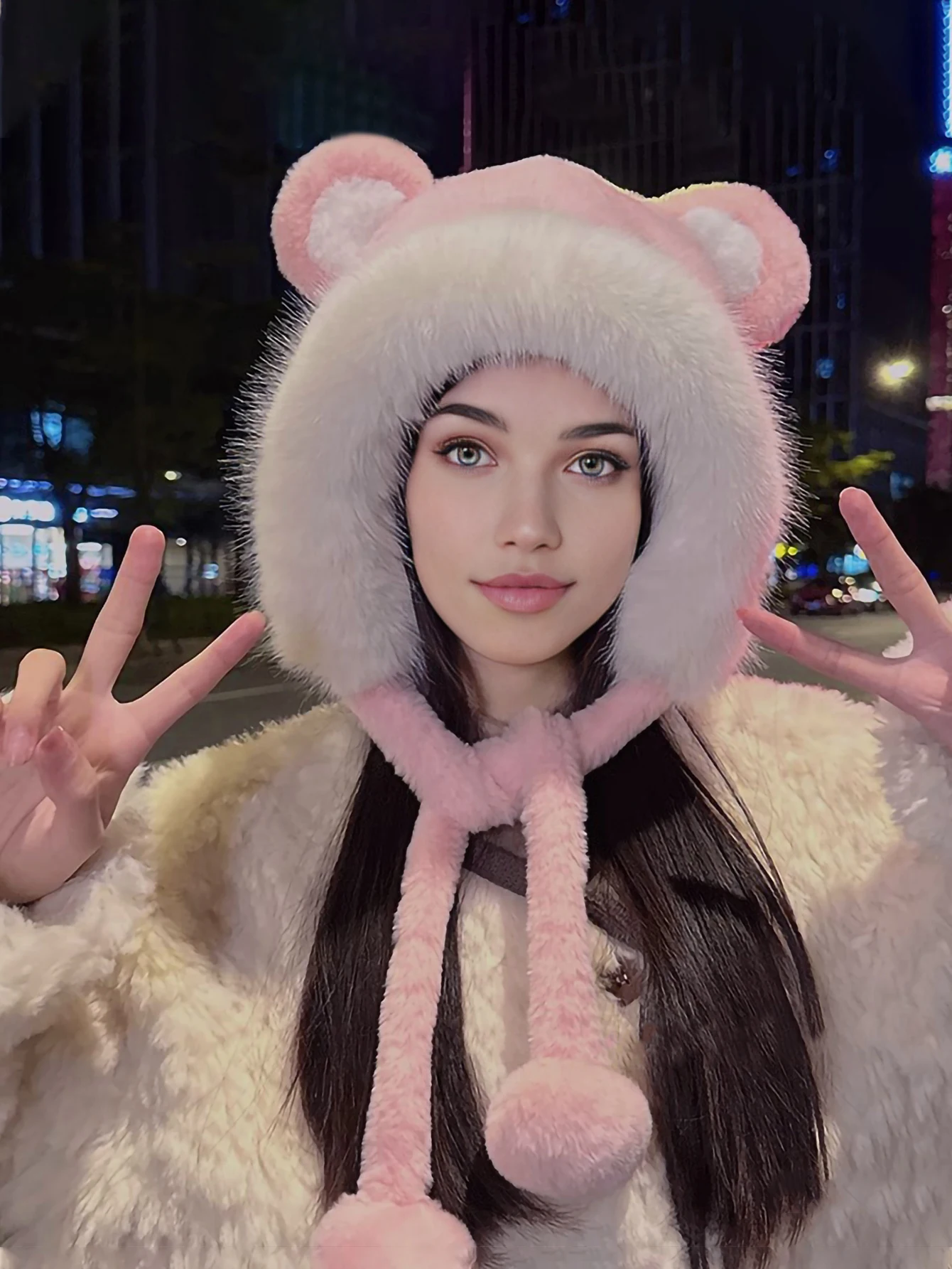 Winter Cute Bear Ear Warm Hat Women Plush Beanie Hat Girls Windproof Cap