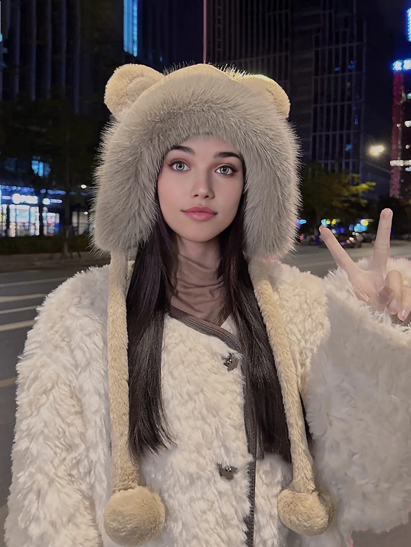 Winter Cute Bear Ear Warm Hat Women Plush Beanie Hat Girls Windproof Cap Winter Cute Bear Ear Warm Hat Women Plush Beanie Hat Girls Windproof Cap