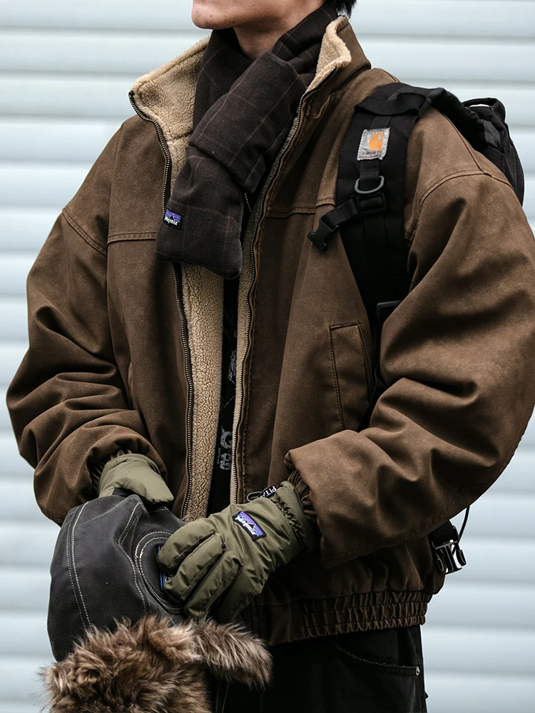 Winter Heavyweight Mens Jacket Japanese Vintage PU Coated Windproof Thick Fleece Lined Warm Distressed Streetwear Long