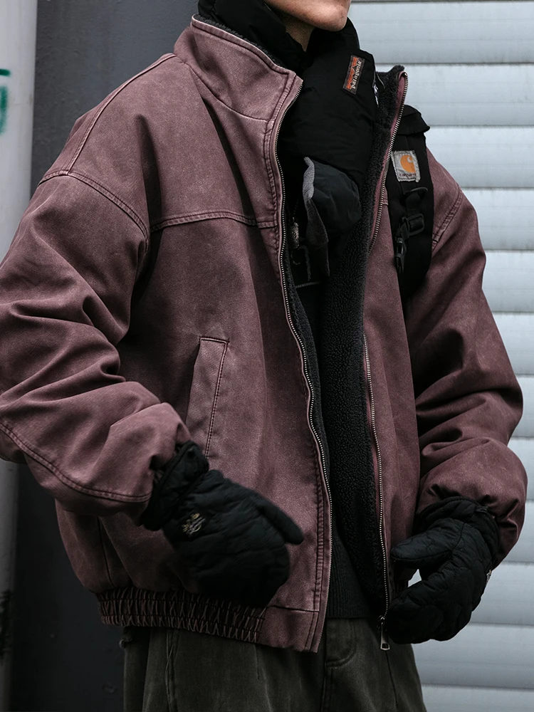 Winter Heavyweight Mens Jacket Japanese Vintage PU Coated Windproof Thick Fleece Lined Warm Distressed Streetwear Long