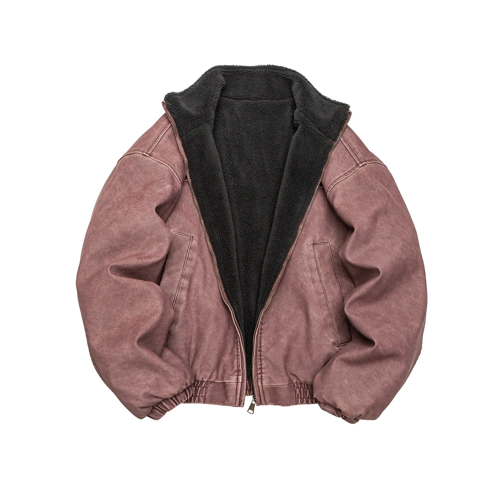 Winter Heavyweight Mens Jacket Japanese Vintage PU Coated Windproof Thick Fleece Lined Warm Distressed Streetwear Long