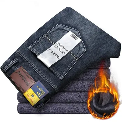 Winter Thermal Warm Flannel Stretch Jeans Mens Winter Quality Famous Brand Fleece Pants Straight Flocking Trousers