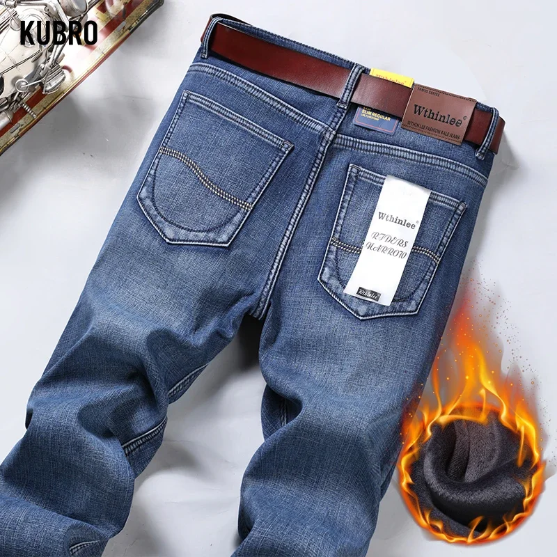 Winter Thermal Warm Flannel Stretch Jeans Mens Winter Quality Famous Brand Fleece Pants Straight Flocking Trousers