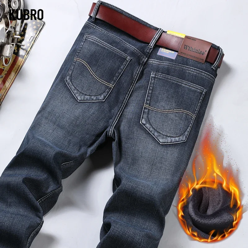 Winter Thermal Warm Flannel Stretch Jeans Mens Winter Quality Famous Brand Fleece Pants Straight Flocking Trousers