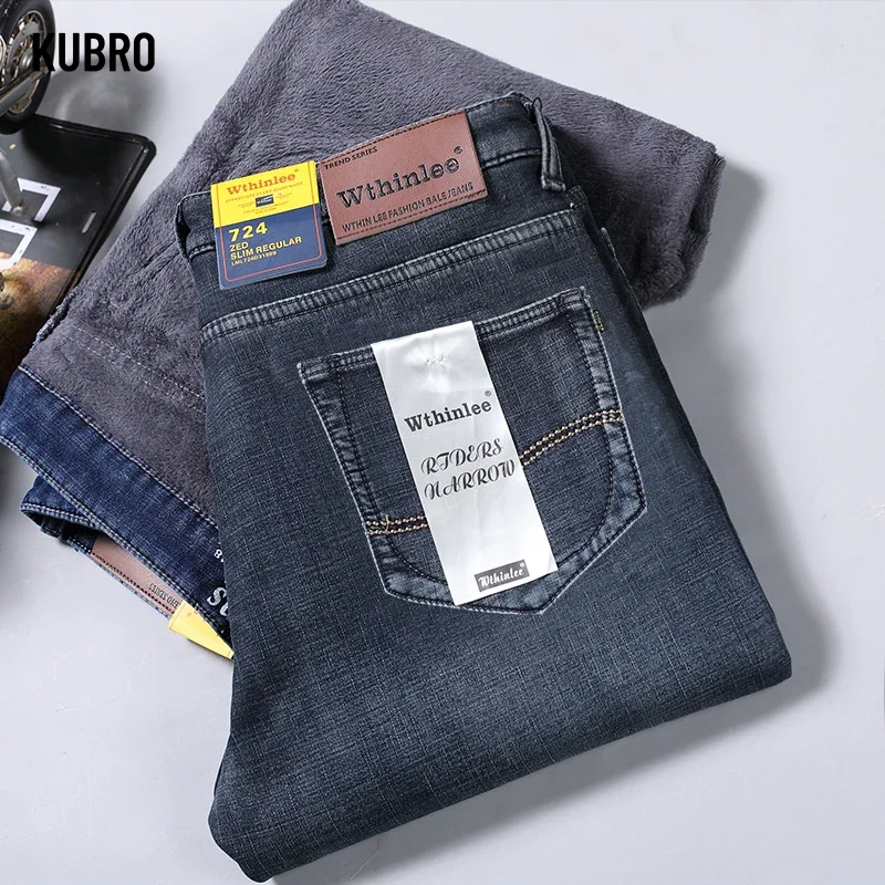 Winter Thermal Warm Flannel Stretch Jeans Mens Winter Quality Famous Brand Fleece Pants Straight Flocking Trousers