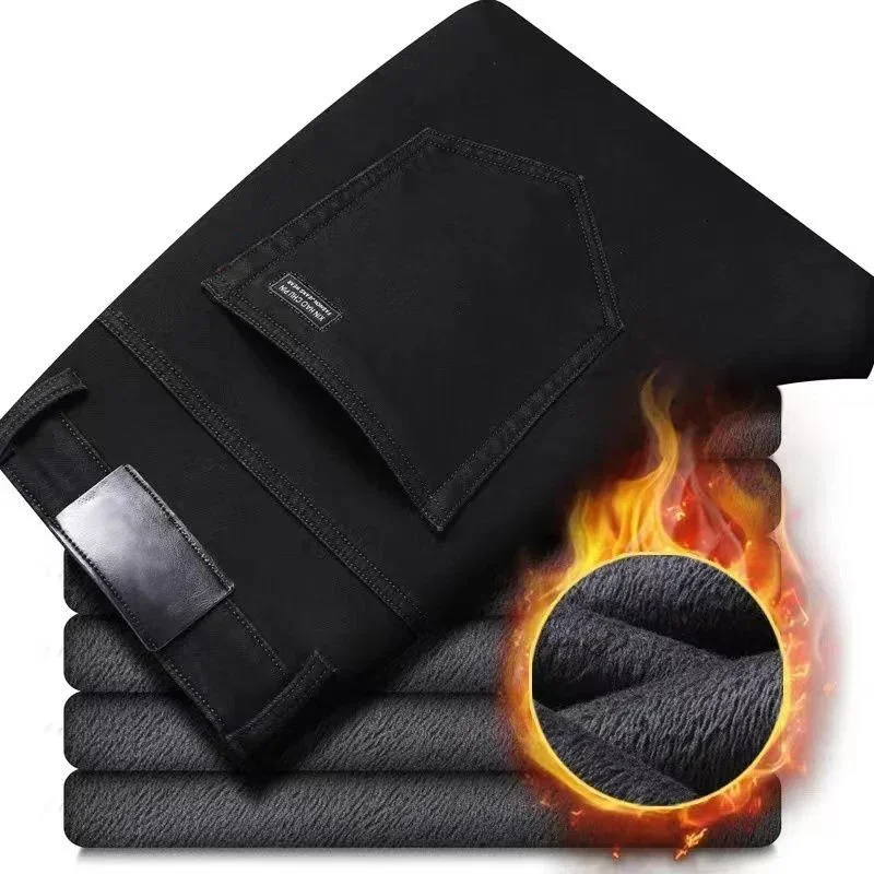 Winter Thermal Warm Flannel Stretch Jeans Mens Winter Quality Famous Brand Fleece Pants Straight Flocking Trousers