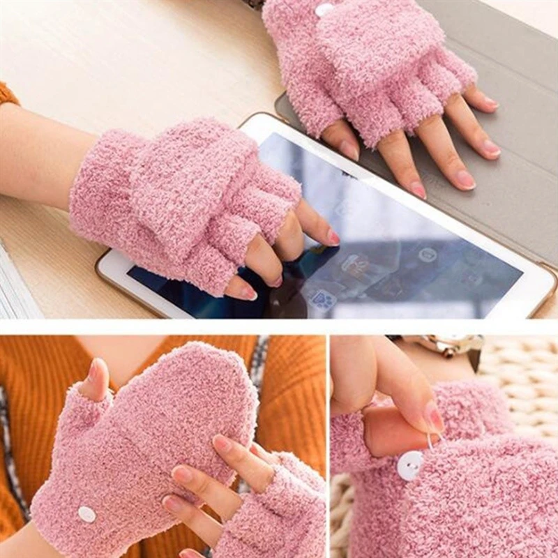 Winter Warm Women's Half Finger Gloves Multi Functional Flip Cute Coral Fleece Warm Cold-proof Soft Comfortable