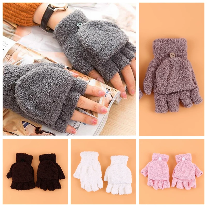 Winter Warm Women's Half Finger Gloves Multi Functional Flip Cute Coral Fleece Warm Cold-proof Soft Comfortable