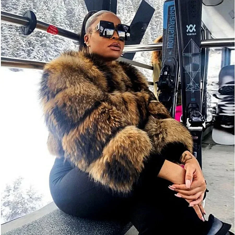 Winter Women Luxury Thick Real Raccoon Fur Coat Natural Fox Fur Jacket Plus Size Jackets Female Vest