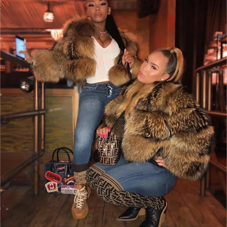 Winter Women Luxury Thick Real Raccoon Fur Coat Natural Fox Fur Jacket Plus Size Jackets Female Vest