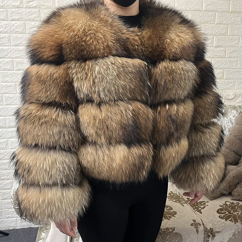 Winter Women Luxury Thick Real Raccoon Fur Coat Natural Fox Fur Jacket Plus Size Jackets Female Vest
