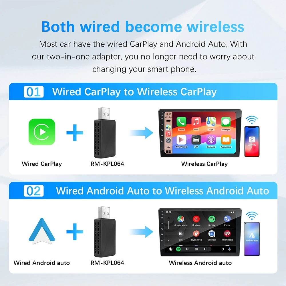 Wired to Wireless Carplay and Android Auto AI Box 2 in 1 Mini Adapter Plug And Play Dongle Fast Connect Compatible with Wired to Wireless Carplay and Android Auto AI Box 2 in 1 Mini Adapter Plug And Play Dongle Fast Connect Compatible with