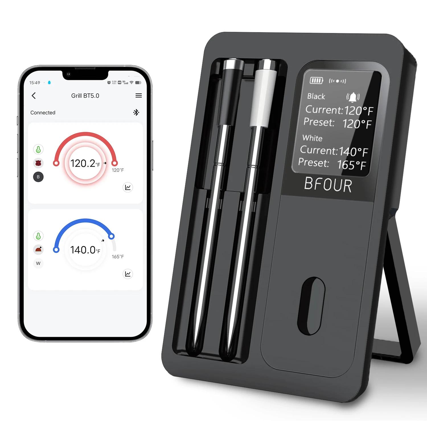 Wireless Bluetooth Meat Thermometer IP67 Waterproof Probes with LCD Screen Booster Rechargeable for Grilling Smoker BBQ