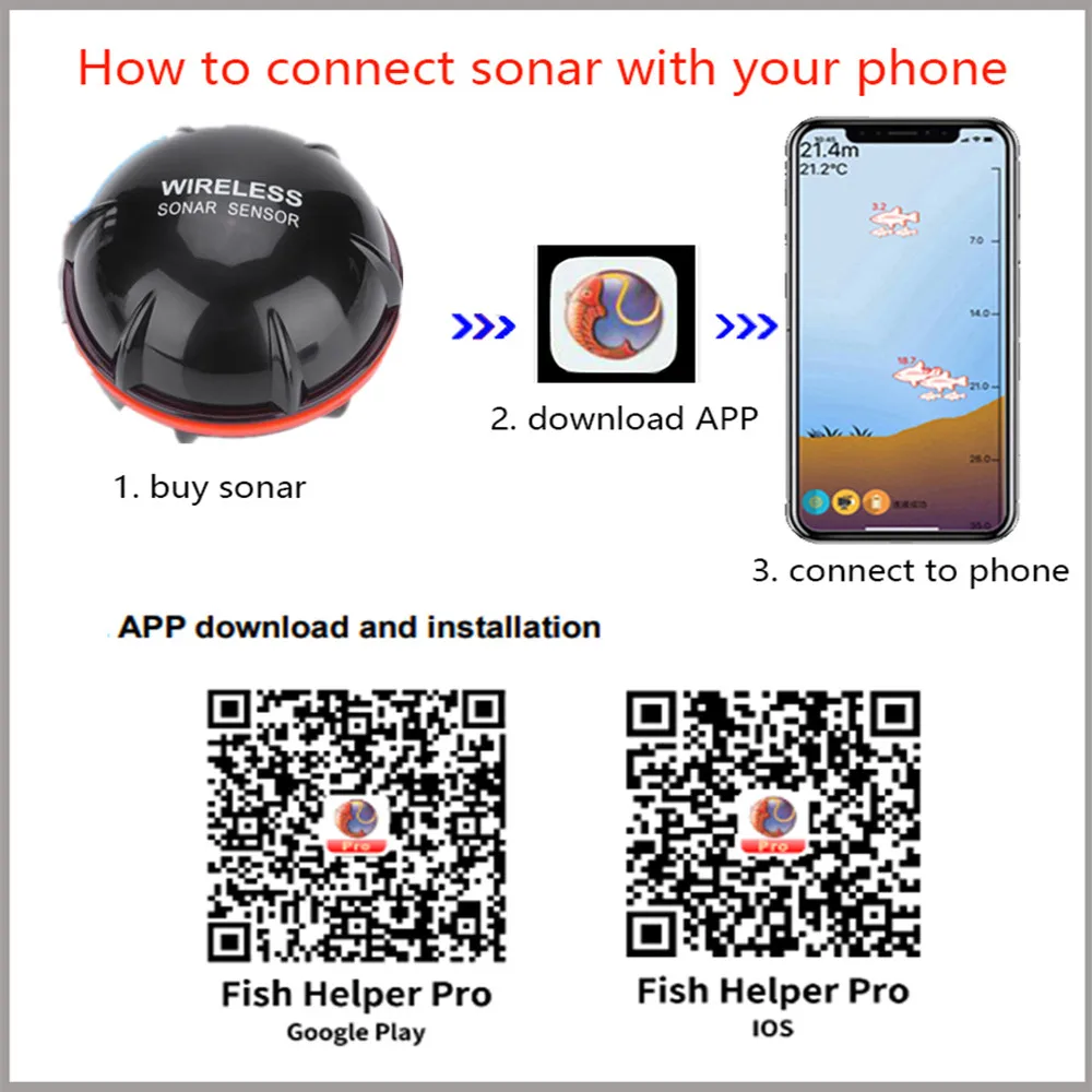 Wireless Bluetooth Smart Sonar Fish Finder 48m/160ft Fish Finder Portable Outdoor Fishing Equipment For IOS and Android