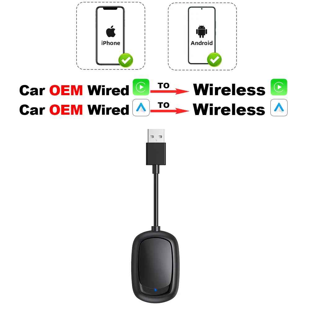 Wireless CarPlay and Android Auto Adapter for Apple and Android Wired to Wireless Carplay Dongle Plug And Play USB Wireless CarPlay and Android Auto Adapter for Apple and Android Wired to Wireless Carplay Dongle Plug And Play USB