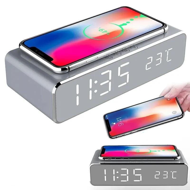 Wireless Charger Time Alarm Clock LED Digital Thermometer Earphone Phone Chargers Fast Charging Dock Station