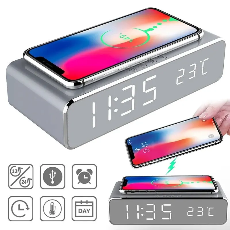 Wireless Charger Time Alarm Clock LED Digital Thermometer Earphone Phone Chargers Fast Charging Dock Station