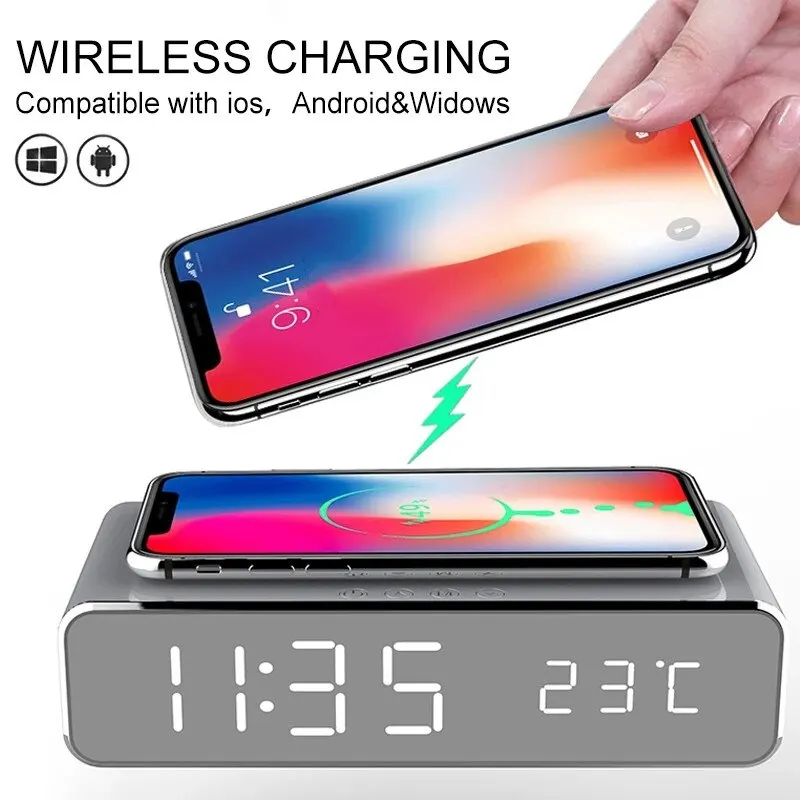 Wireless Charger Time Alarm Clock LED Digital Thermometer Earphone Phone Chargers Fast Charging Dock Station
