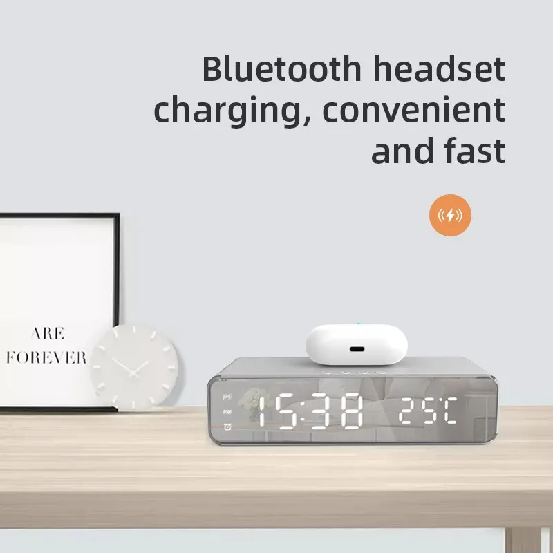 Wireless Charger Time Alarm Clock LED Digital Thermometer Earphone Phone Chargers Fast Charging Dock Station